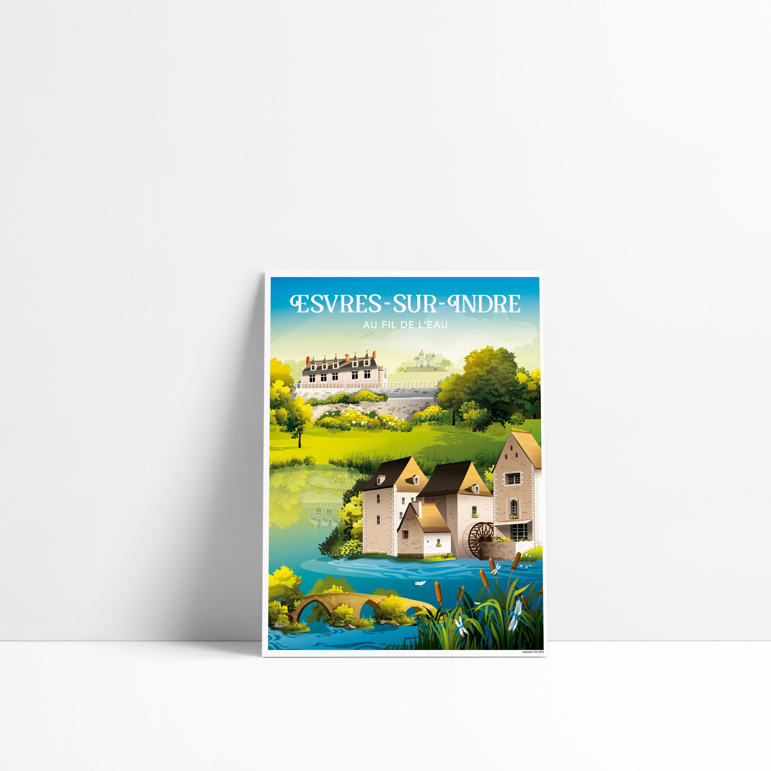 Carte postale illustrée d'Esvres-sur-Indre avec son moulin et sa nature en Indre-et-Loire