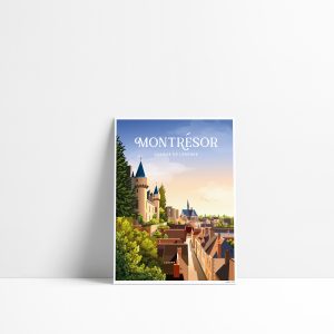 Carte postale illustrée de Montrésor avec le château et vue sur les toits du village au coucher du soleil