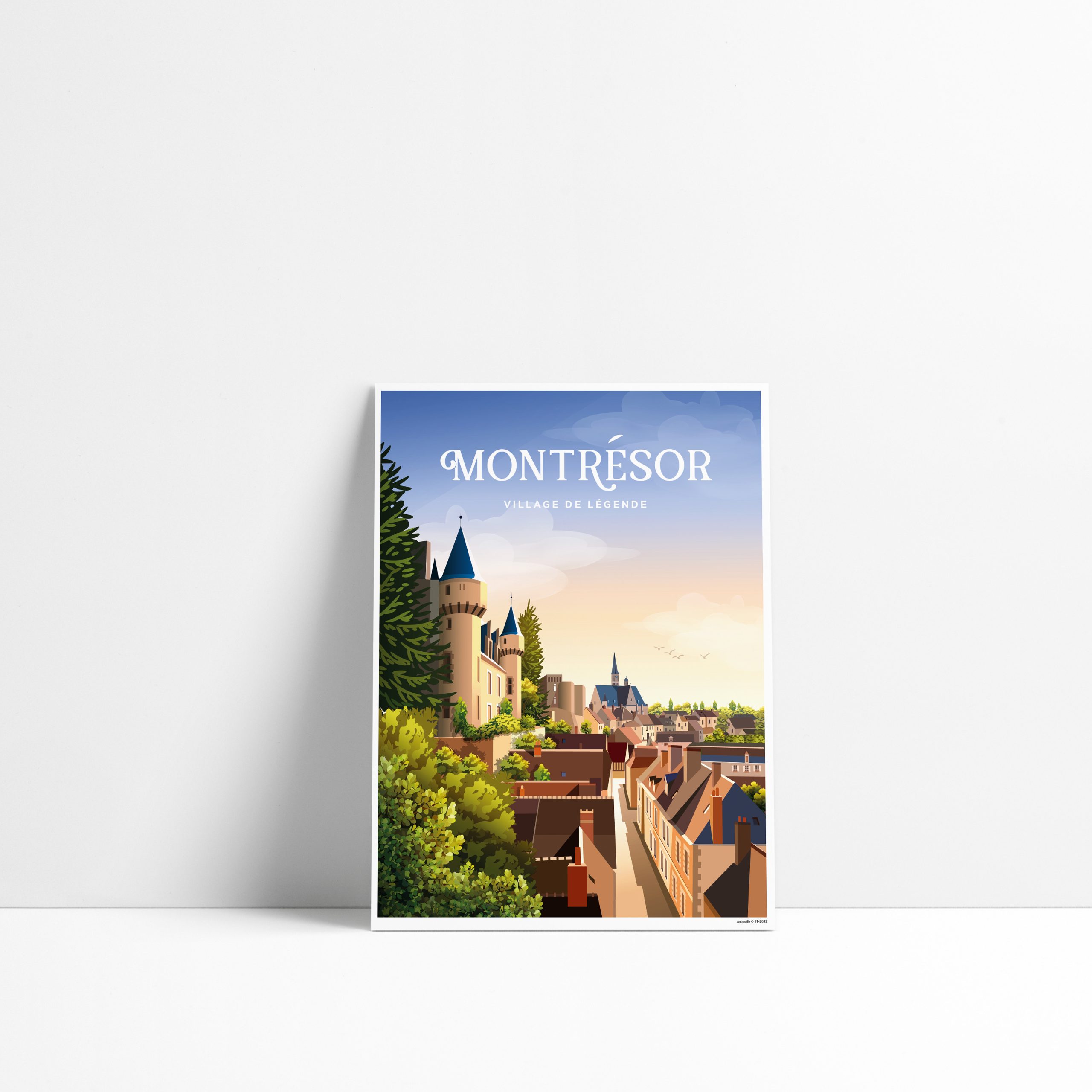 Carte postale illustrée de Montrésor avec le château et vue sur les toits du village au coucher du soleil