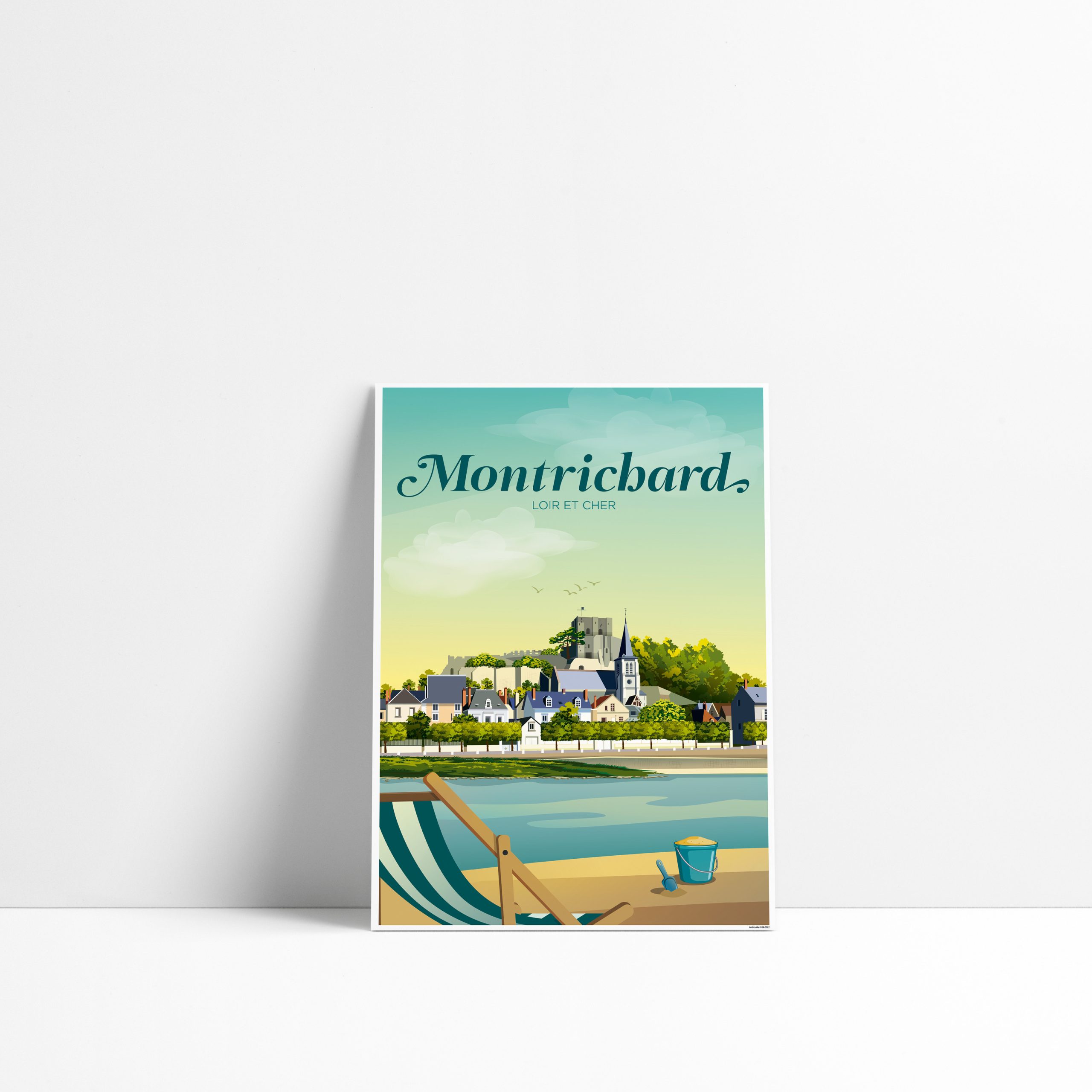 Carte postale illustrée de Montrichard avec sa plage de sable et vue sur le Cher