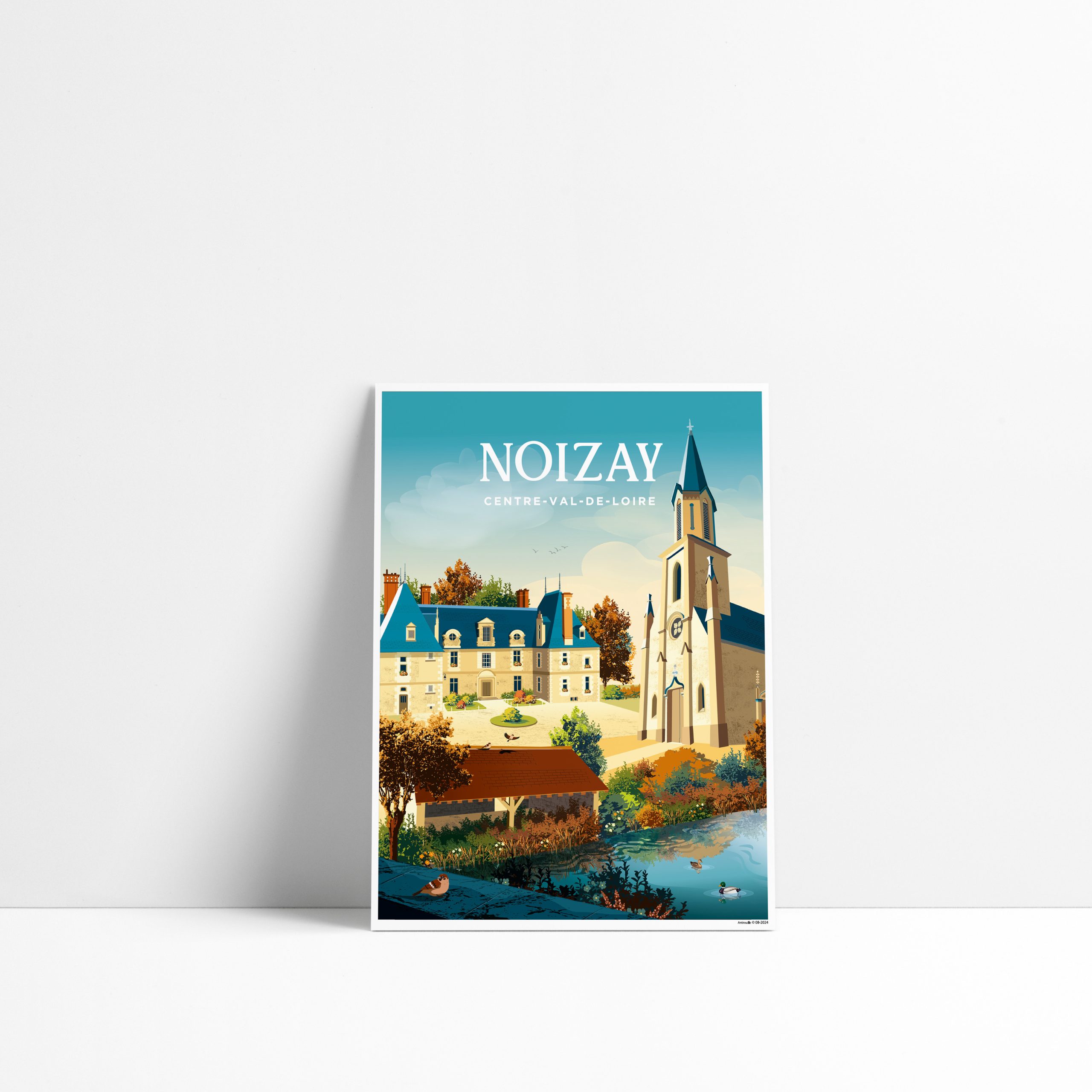 Carte postale illustrée de Noizay en automne avec le lavoir, l'église et le château