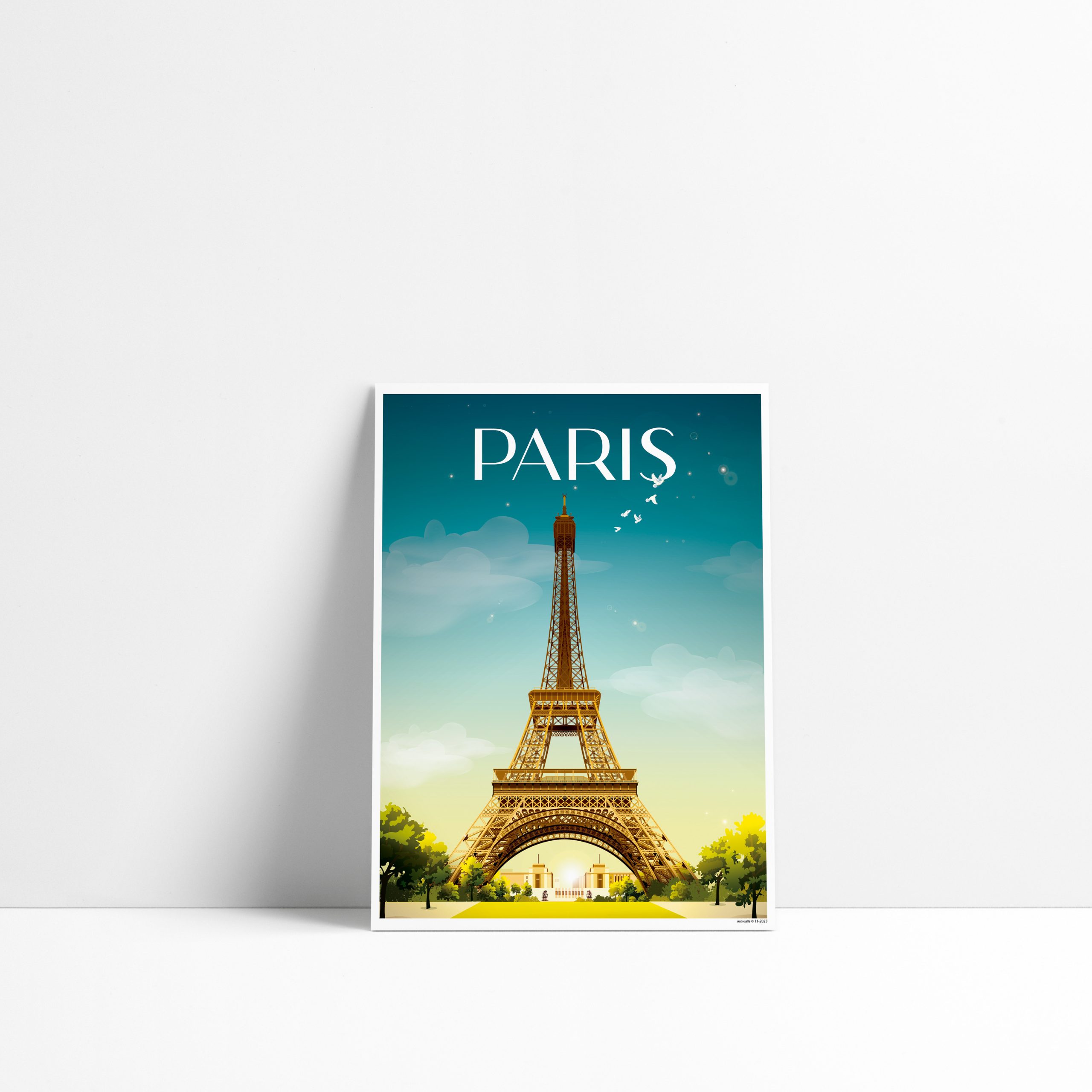 Carte postale illustrée de la Tour Eiffel à Paris, ambiance nocturne