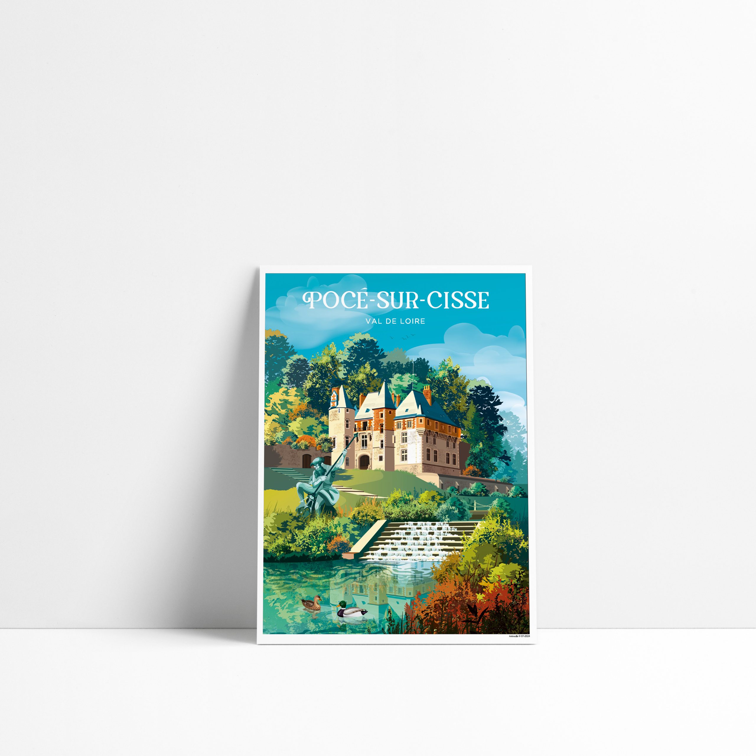 Carte postale illustrée de Pocé-sur-Cisse avec le château, la Cisse et les statues de la Fonderie Ducel