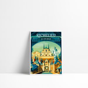 Carte postale illustrée de Richelieu avec la halle, les portes et les allées de la cité du Cardinal