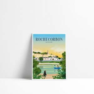 Carte postale illustrée de Rochecorbon en Touraine avec la Loire, canoë et troglodytes