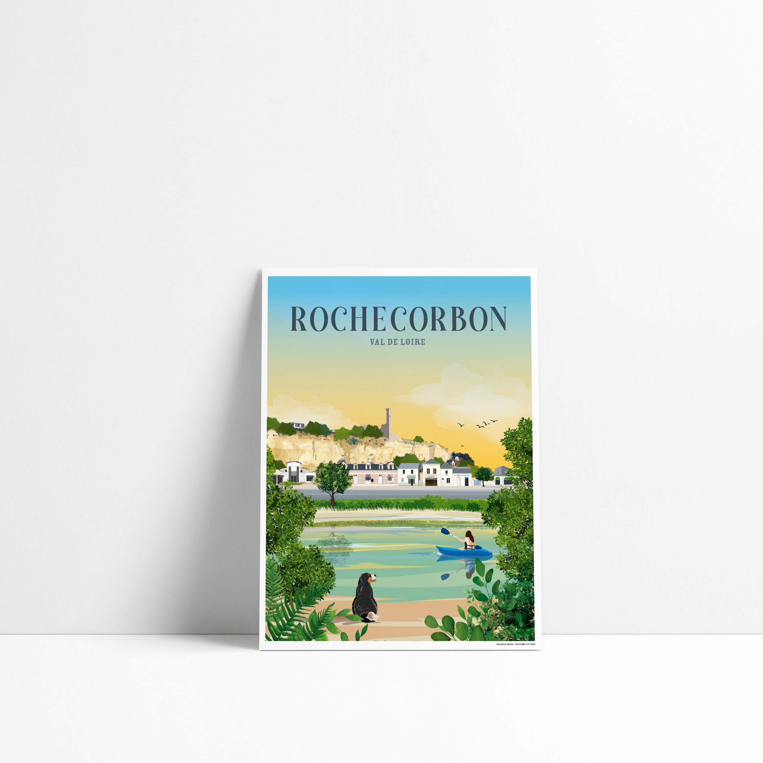 Carte postale illustrée de Rochecorbon en Touraine avec la Loire, canoë et troglodytes
