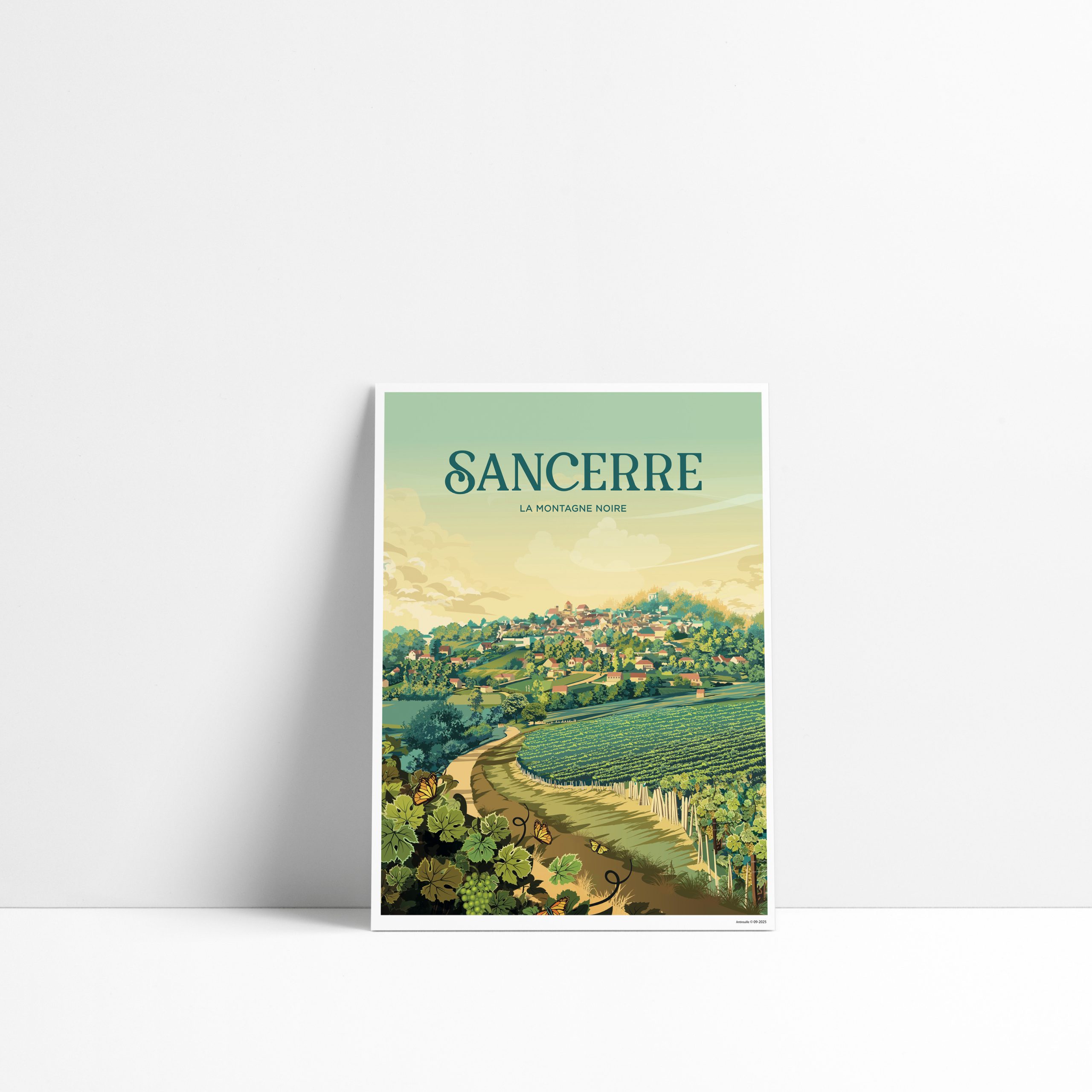 Carte postale illustrée de Sancerre avec ses vignes et le chemin de la Montagne Noire