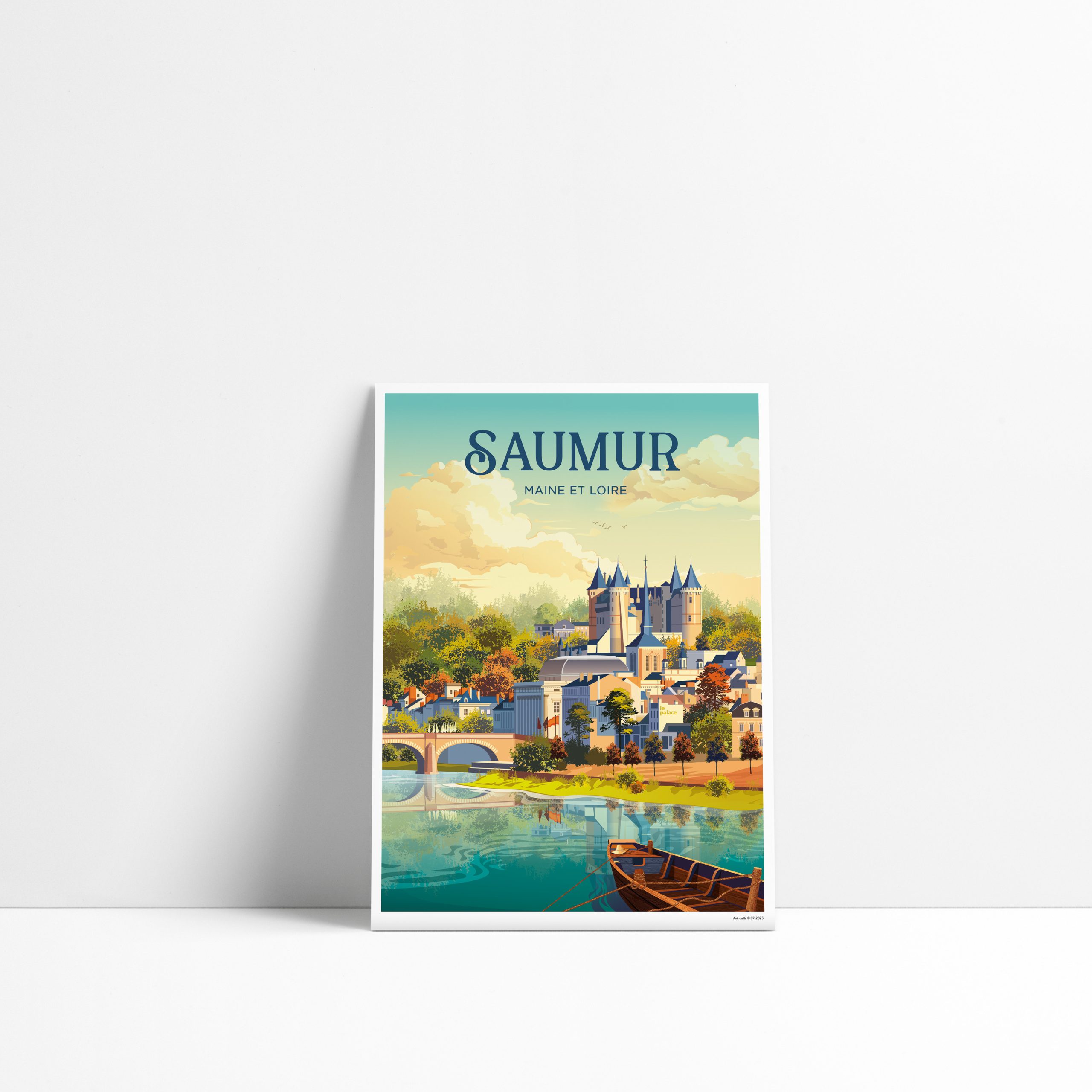 Carte postale illustrée de Saumur avec son château, la Loire et des gabarres