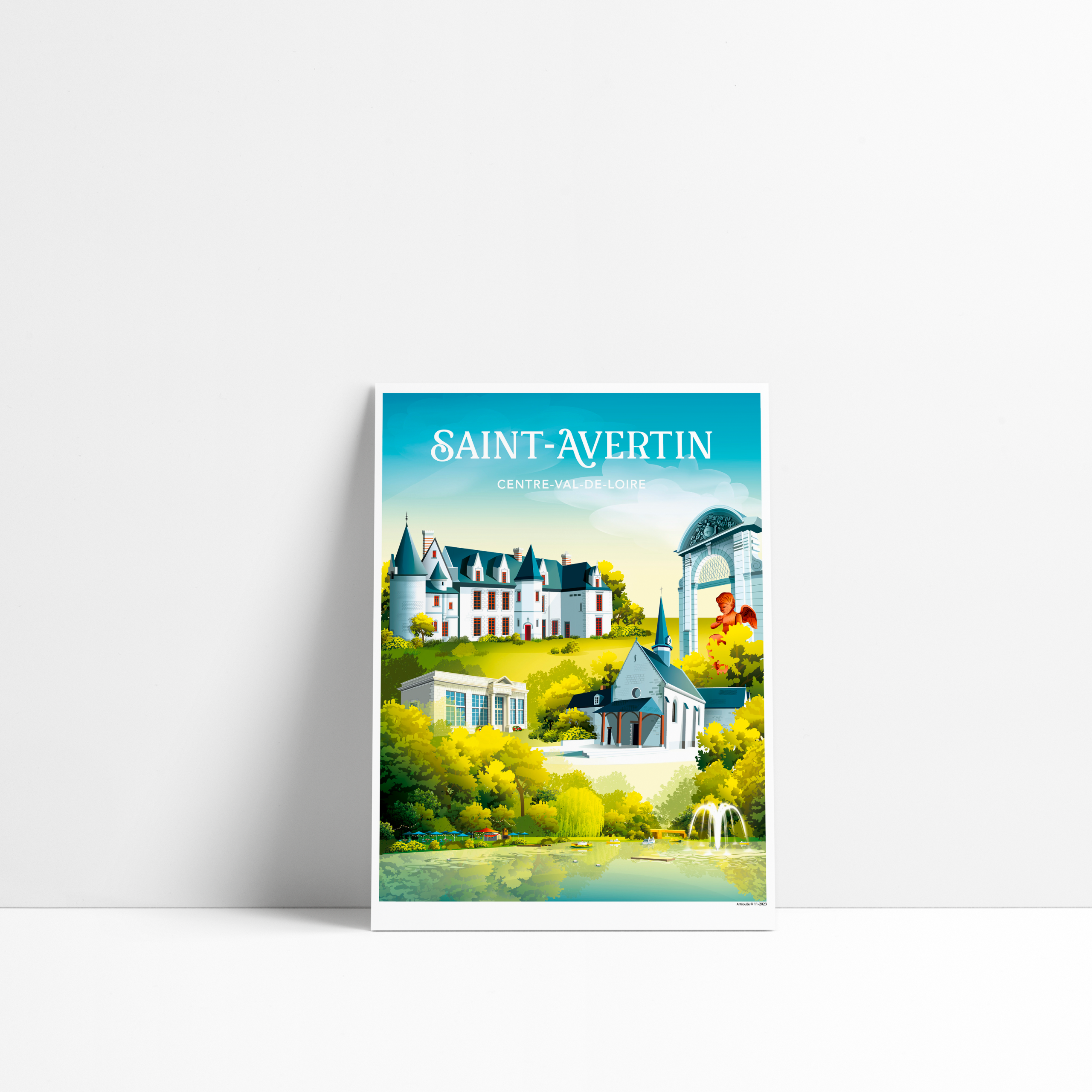 Carte postale illustrée de Saint-Avertin en Centre-Val-de-Loire avec le château de Cangé, l'église et la guinguette