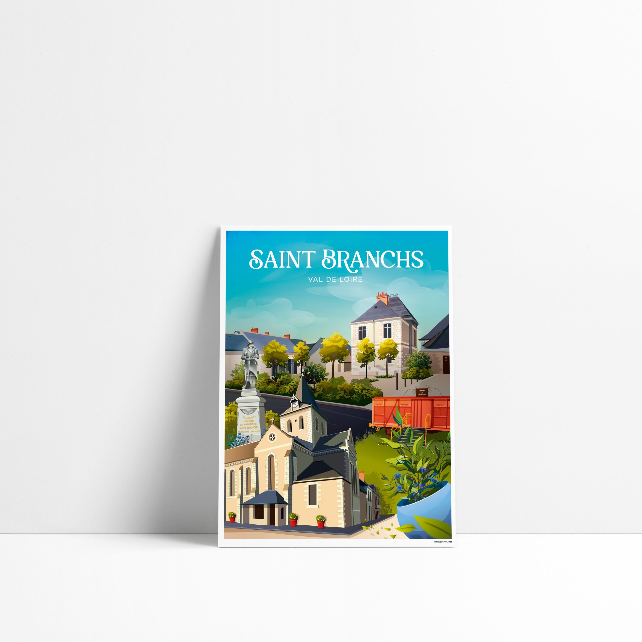 Carte postale de Saint-Branchs représentant le village et son église romane en Touraine