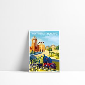 Carte postale de Saint-Pierre-des-Corps représentant la médiathèque, la mairie et une locomotive à vapeur