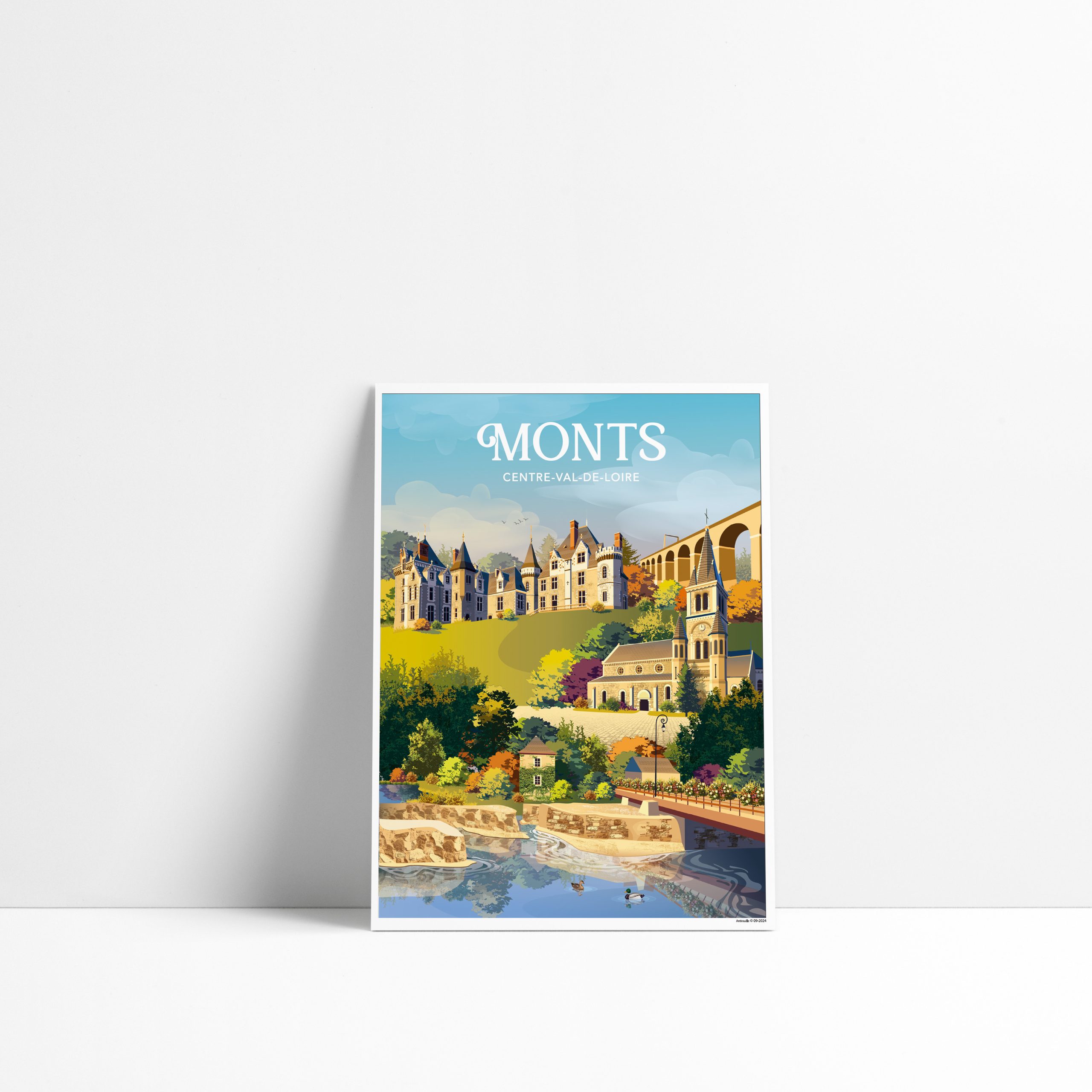 Carte postale illustrée de Monts avec le pont, l'église et le château de Candé