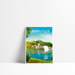 Illustration vectorielle faite main de Savonnières : village, gabarres sur la Loire et nature environnante
