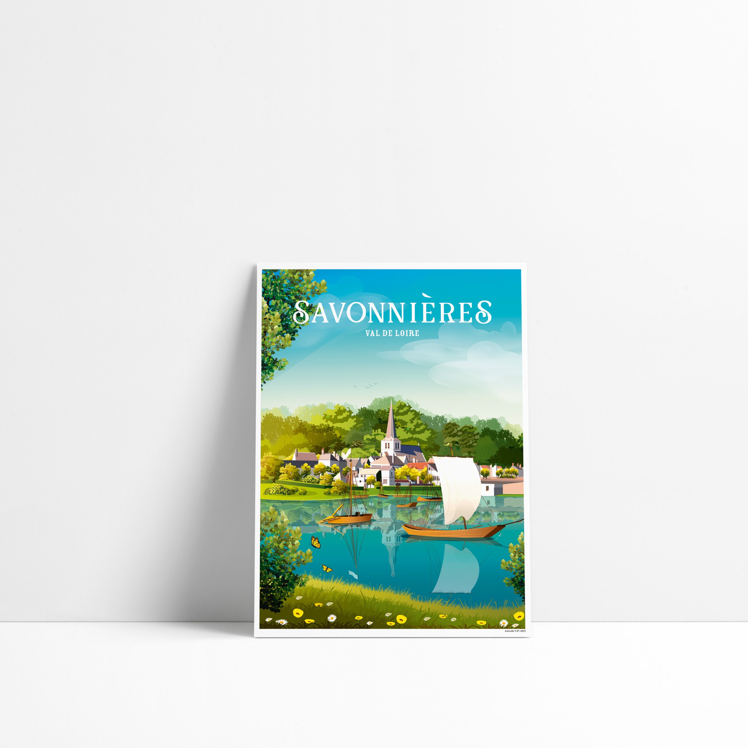 Illustration vectorielle faite main de Savonnières : village, gabarres sur la Loire et nature environnante