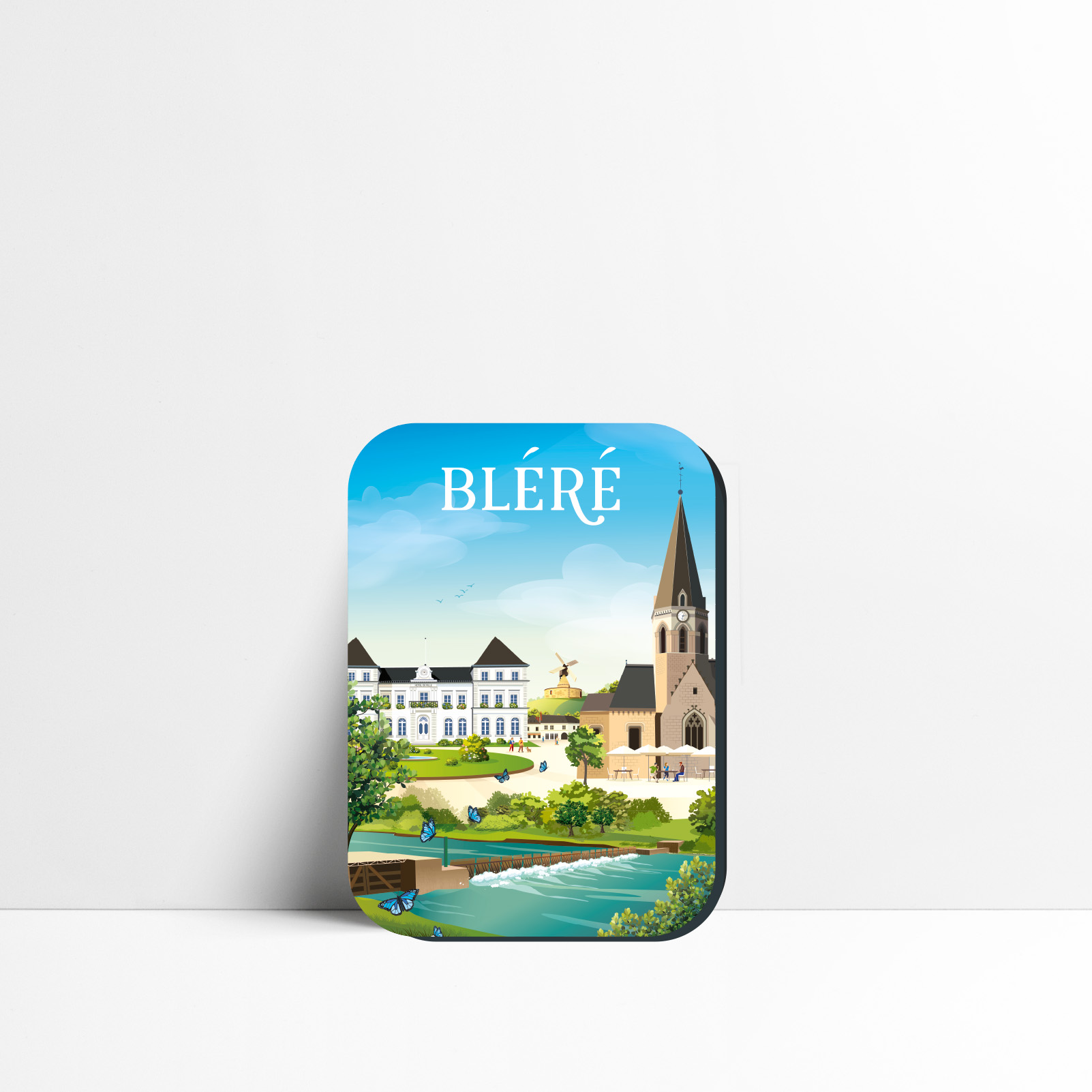 Magnet de Bléré représentant le bourg et son église au bord du Cher