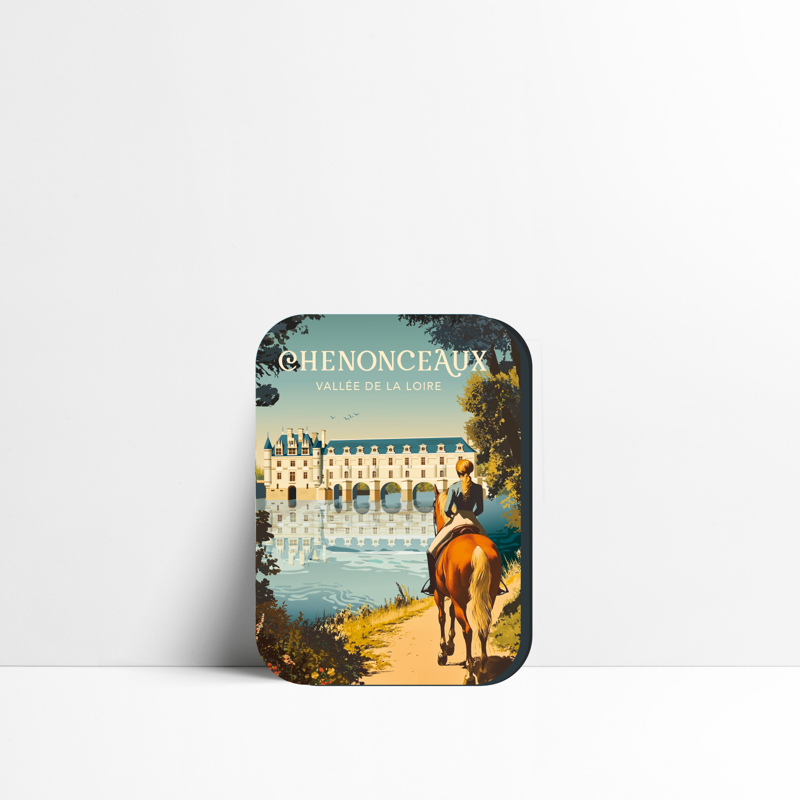 Magnet du château de Chenonceaux avec une cavalière à cheval au bord du Cher, illustration vectorielle