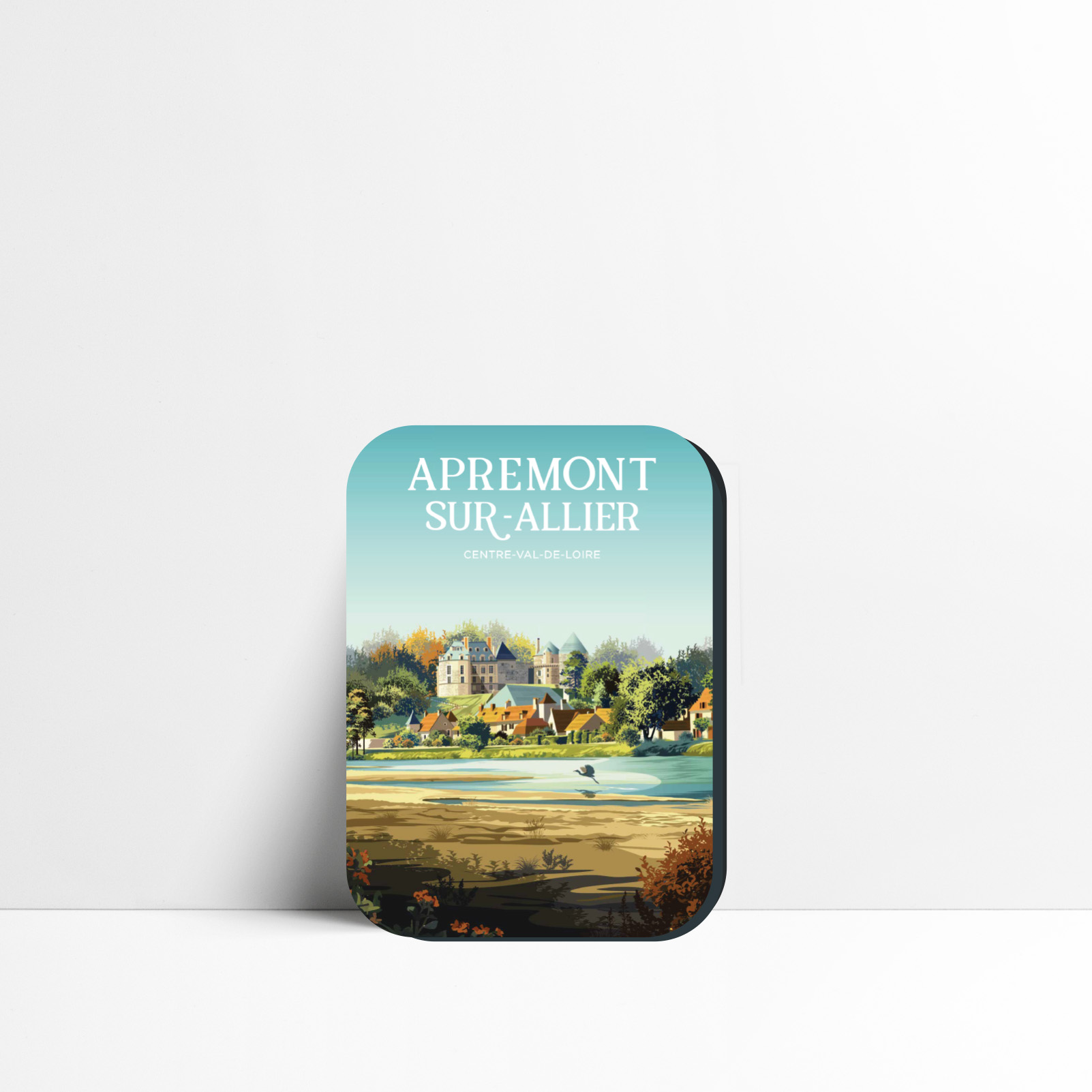 Magnet d'Apremont-sur-Allier représentant le village médiéval et son château au bord de l'Allier