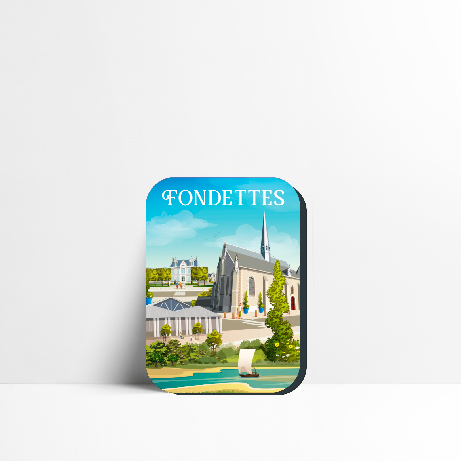 Magnet de Fondettes représentant la Halle de la Morandière et son clocher, illustration vectorielle