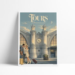 Affiche Tours la Gare, illustration vintage sous l'horloge