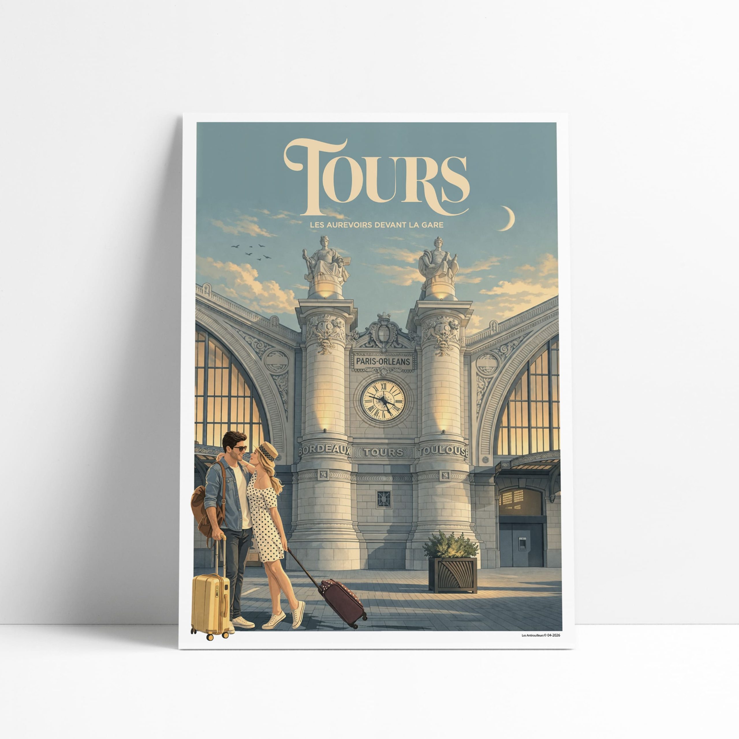 Affiche Tours la Gare, illustration vintage sous l'horloge