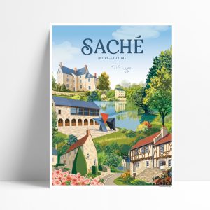 Affiche illustrée du village de Saché avec demeure de Balzac, moulin, atelier de Calder et auberge du XII