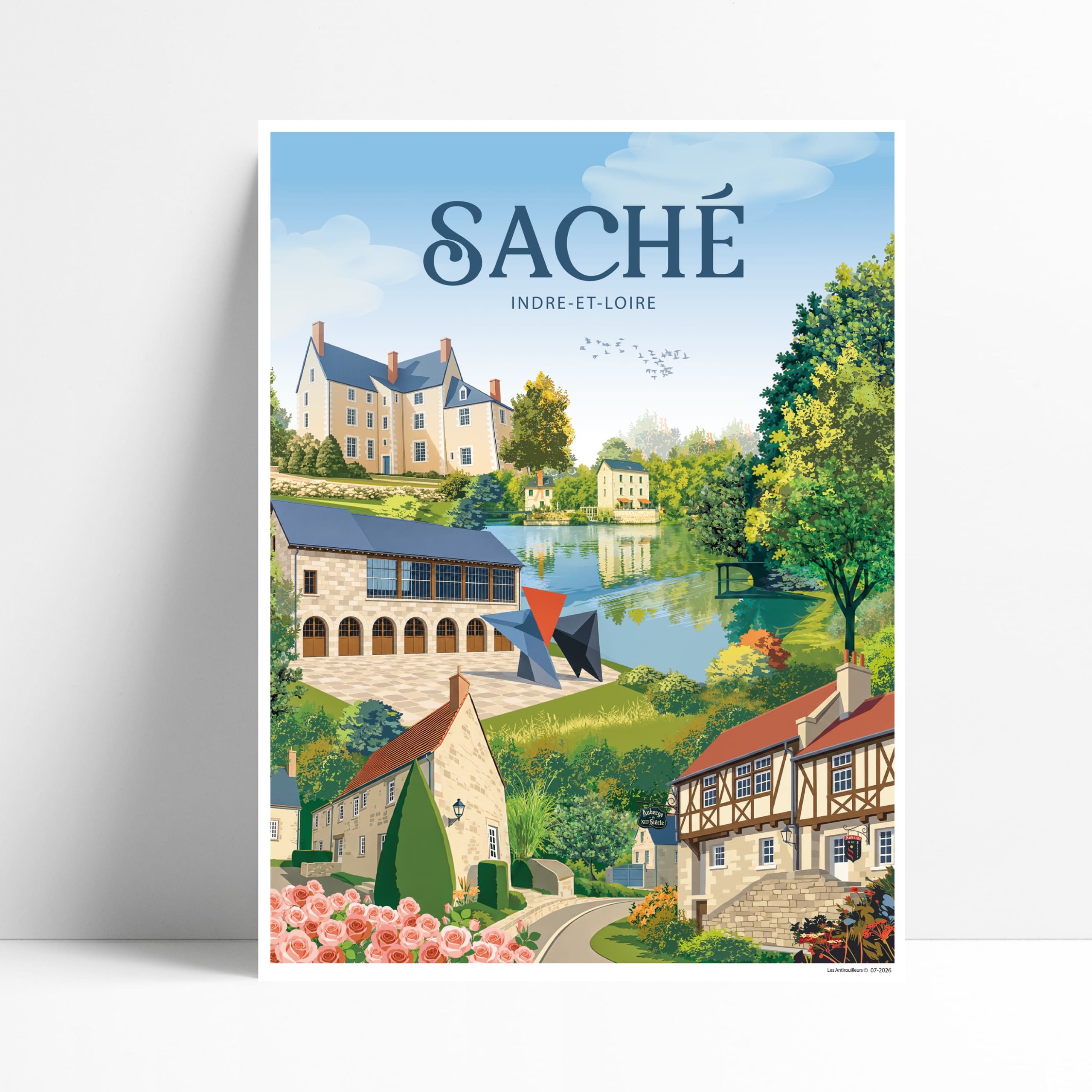 Affiche illustrée du village de Saché avec demeure de Balzac, moulin, atelier de Calder et auberge du XII