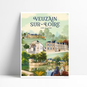 Affiche illustrée du village de Veuzain-sur-Loire avec château, mairie et les douves