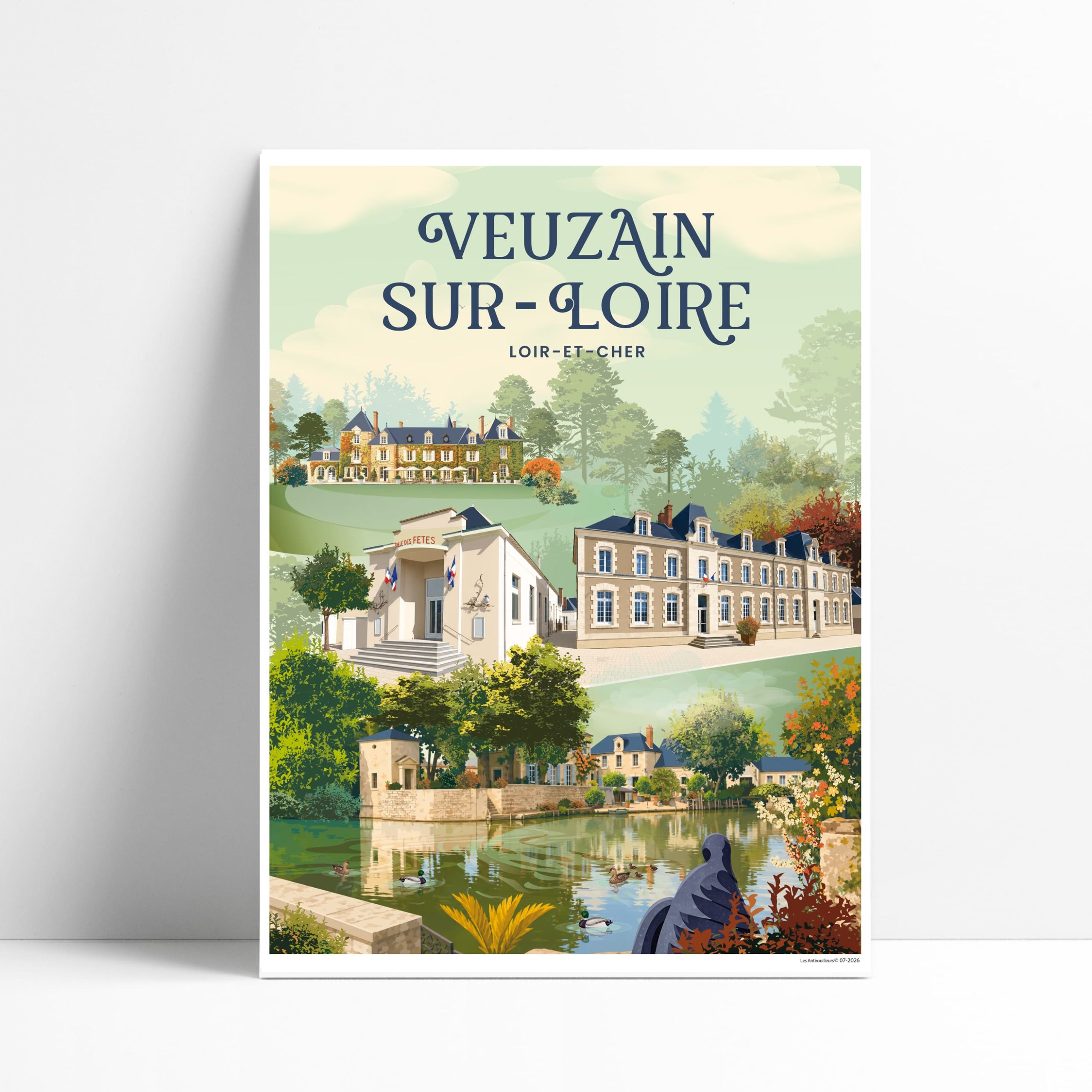 Affiche illustrée du village de Veuzain-sur-Loire avec château, mairie et les douves