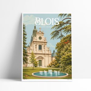 Affiche illustrée de l'église Saint-Vincent-de-Paul à Blois, façade classique et fontaine