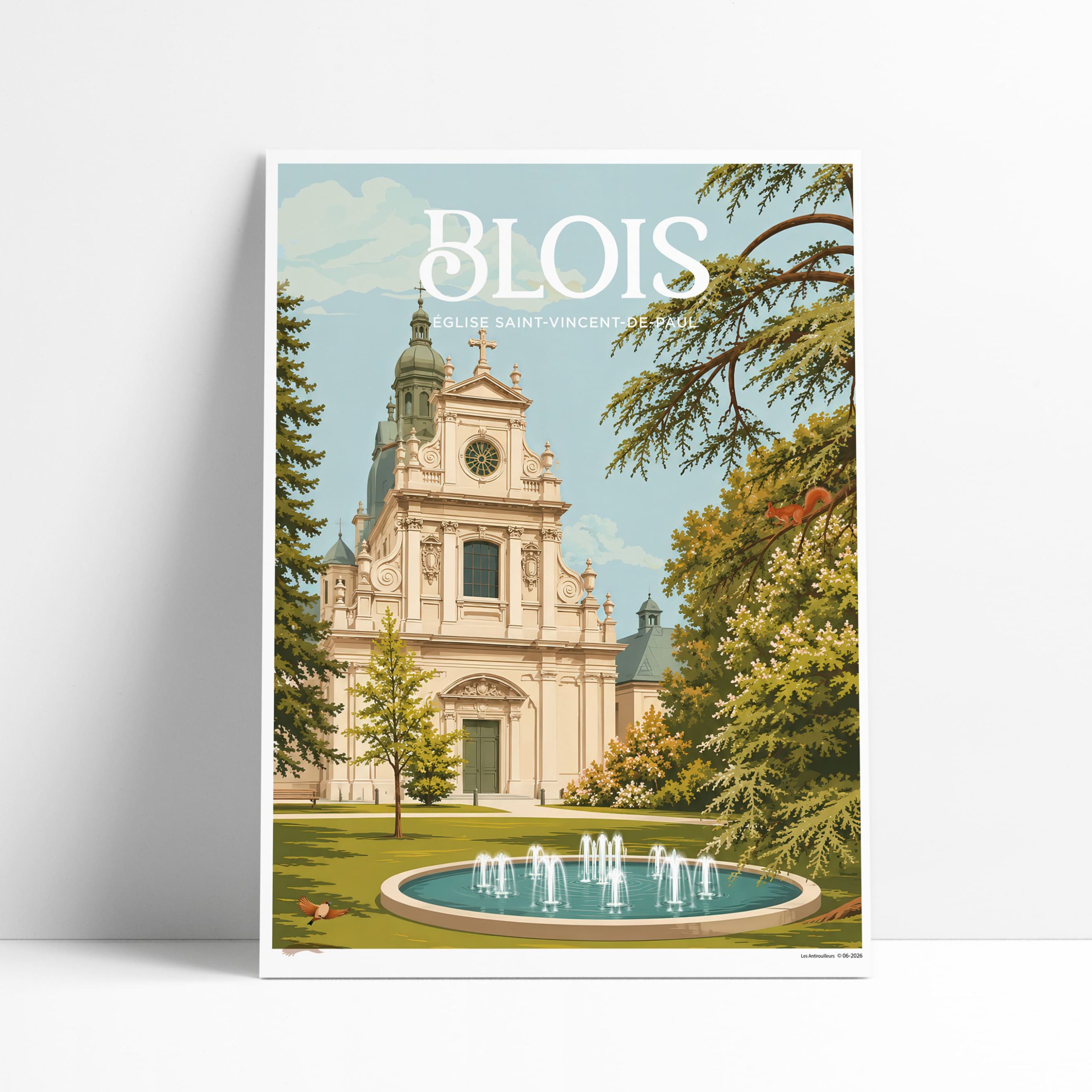 Affiche illustrée de l'église Saint-Vincent-de-Paul à Blois, façade classique et fontaine