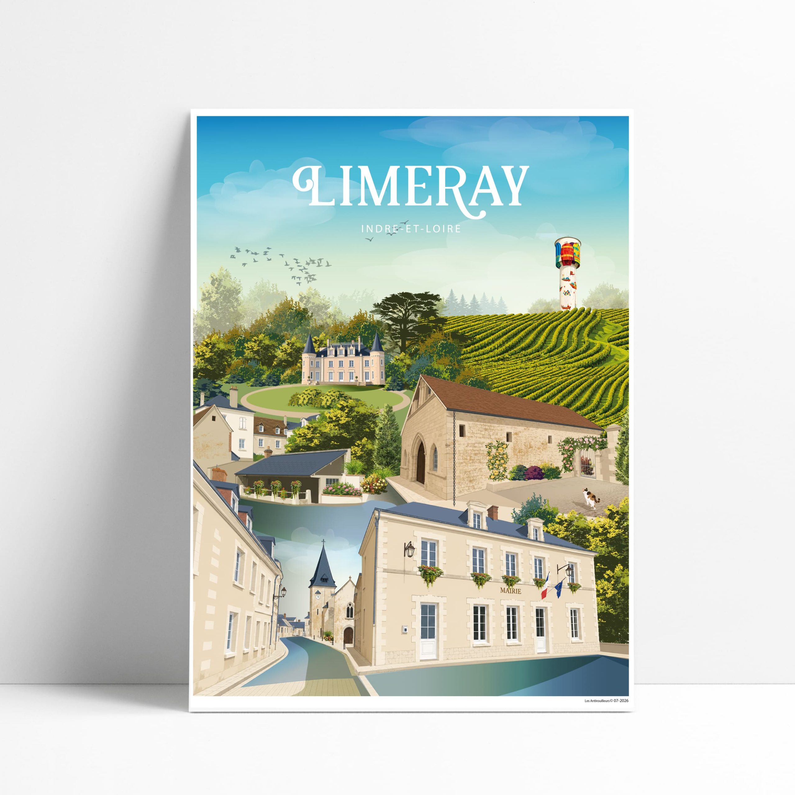 Affiche illustrée de Limeray, village viticole de Touraine avec château de Moncé