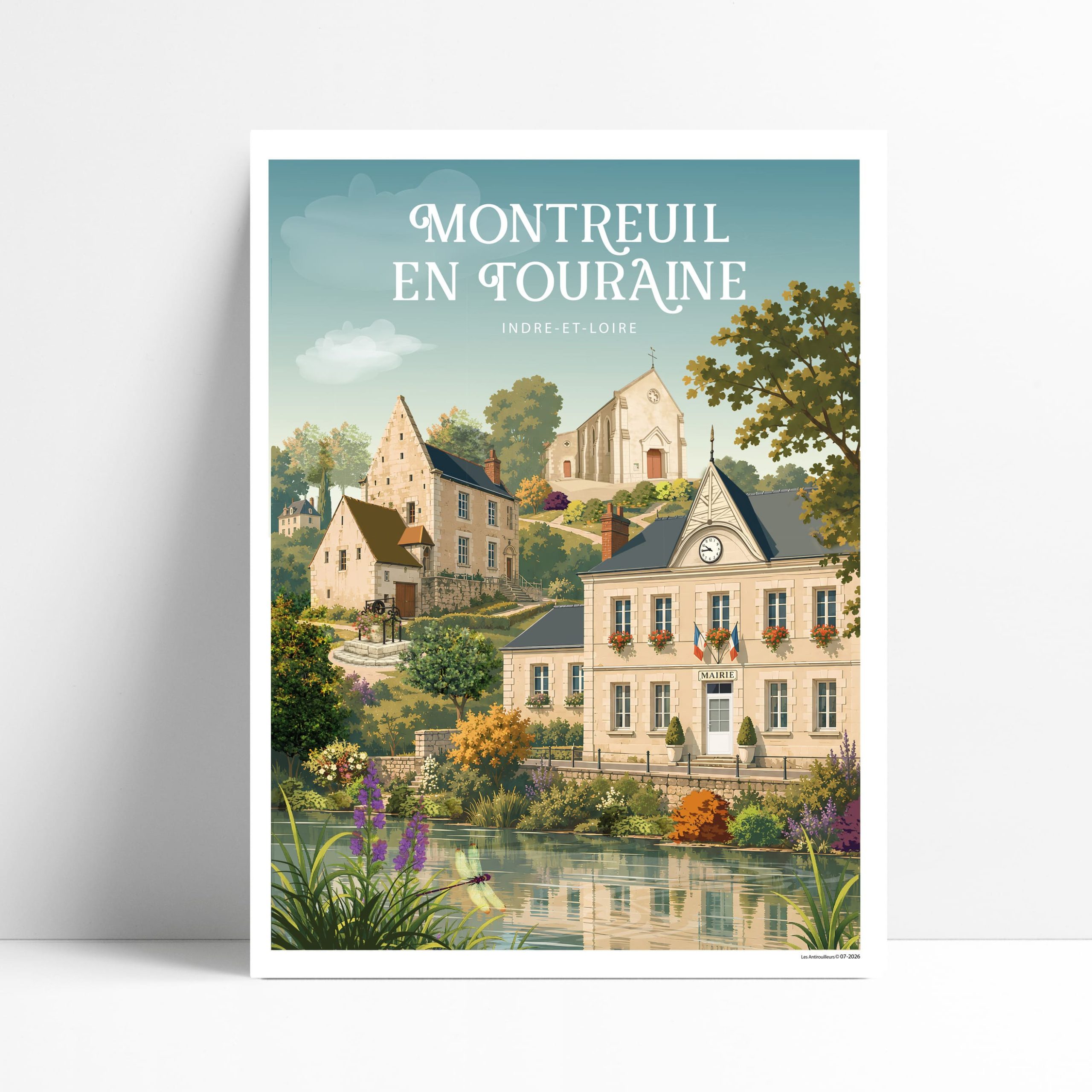 Affiche illustrée de Montreuil-en-Touraine, village bucolique avec étang et jardins fleuris