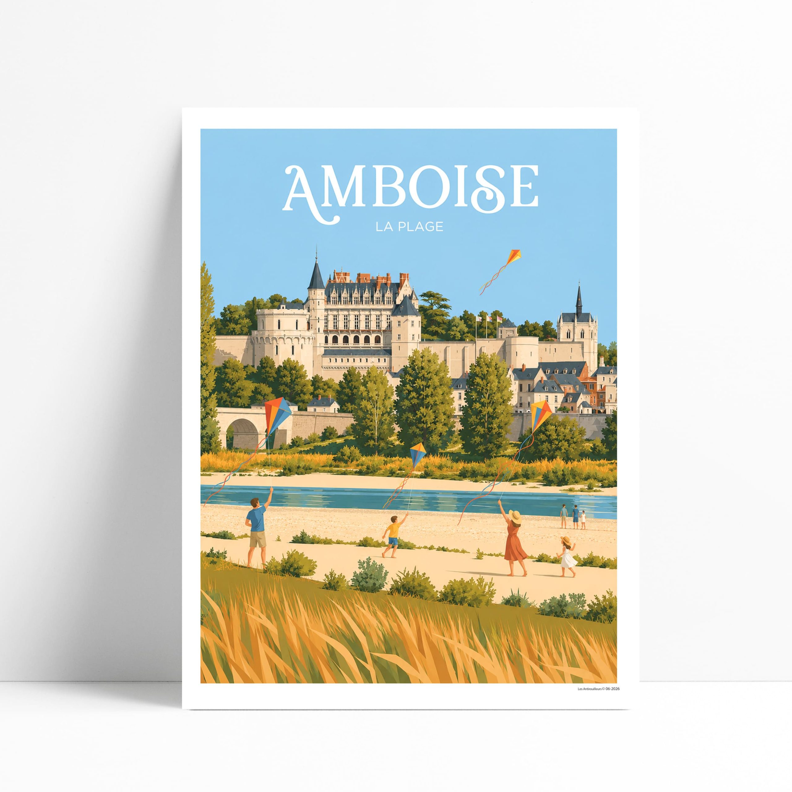 Affiche illustrée de la plage d'Amboise face au château royal, bords de Loire