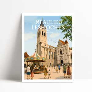 Affiche illustrée de Beaulieu-lès-Loches, église abbatiale Saint-Pierre-et-Saint-Paul