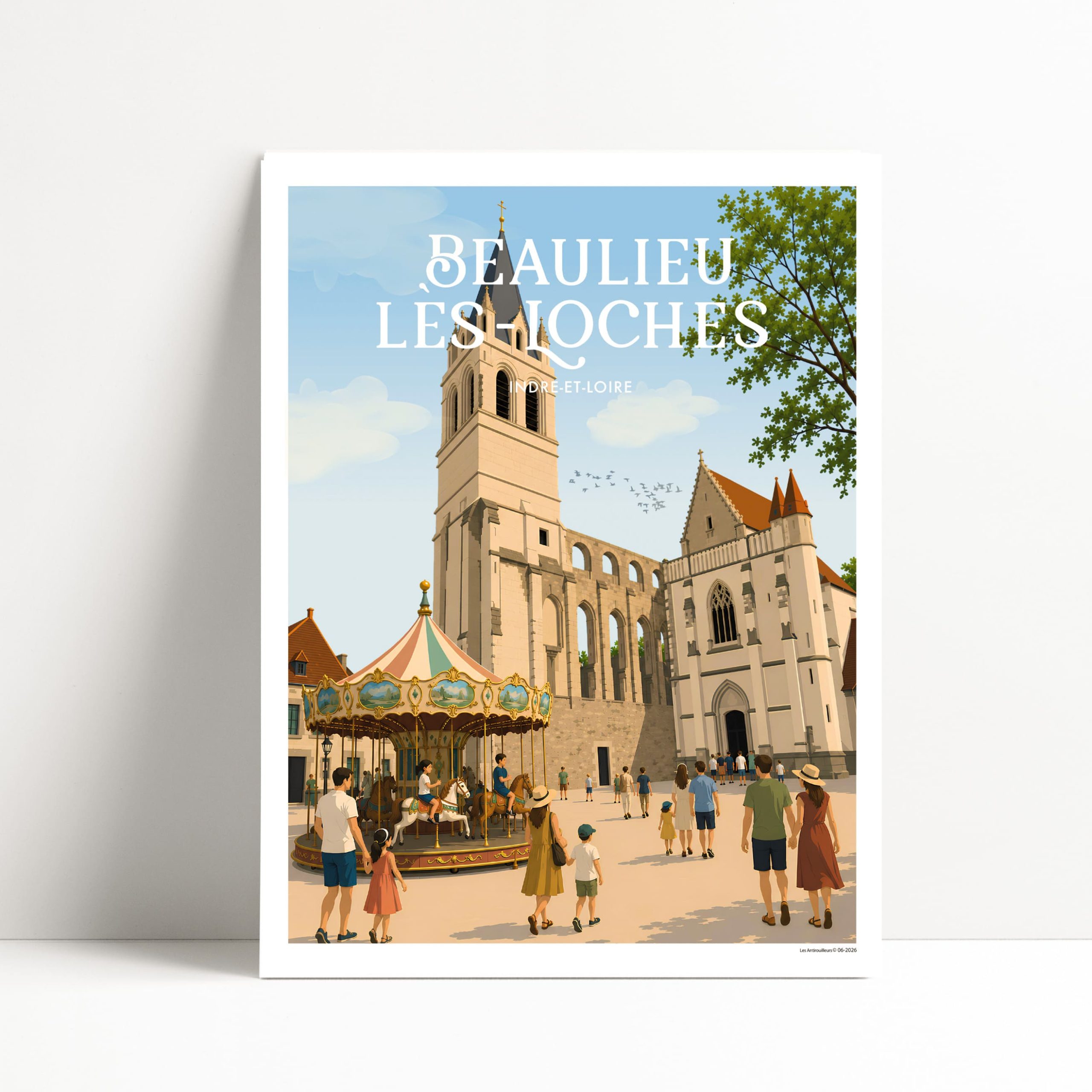 Affiche illustrée de Beaulieu-lès-Loches, église abbatiale Saint-Pierre-et-Saint-Paul
