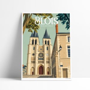 Affiche illustrée de l'église Saint-Nicolas de Blois, façade gothique et tours élancées