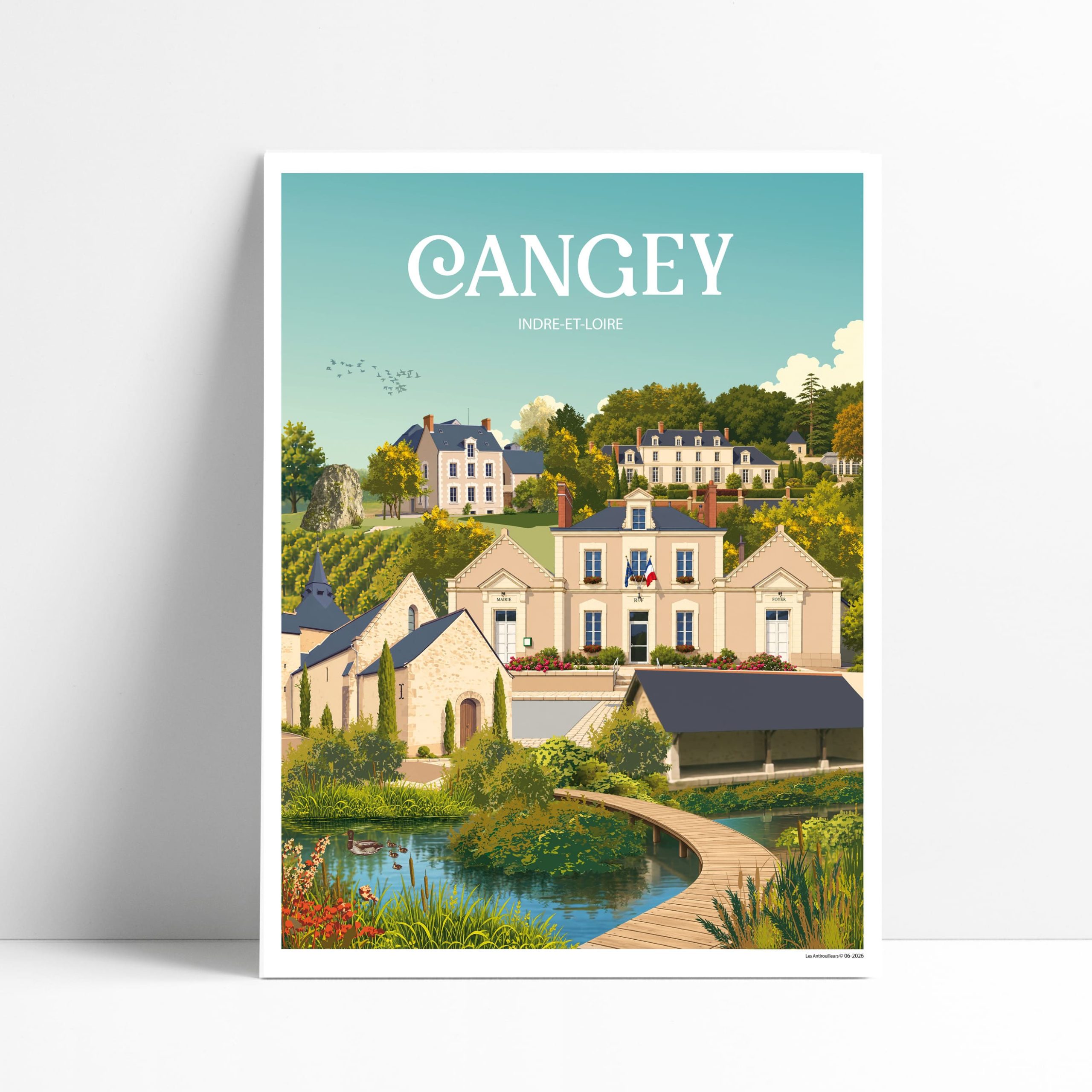 Affiche illustrée de Cangey, village de Touraine avec mairie, église et château