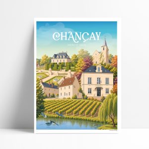 Affiche illustrée de Chançay, château de Valmer et vignoble de Vouvray en Touraine