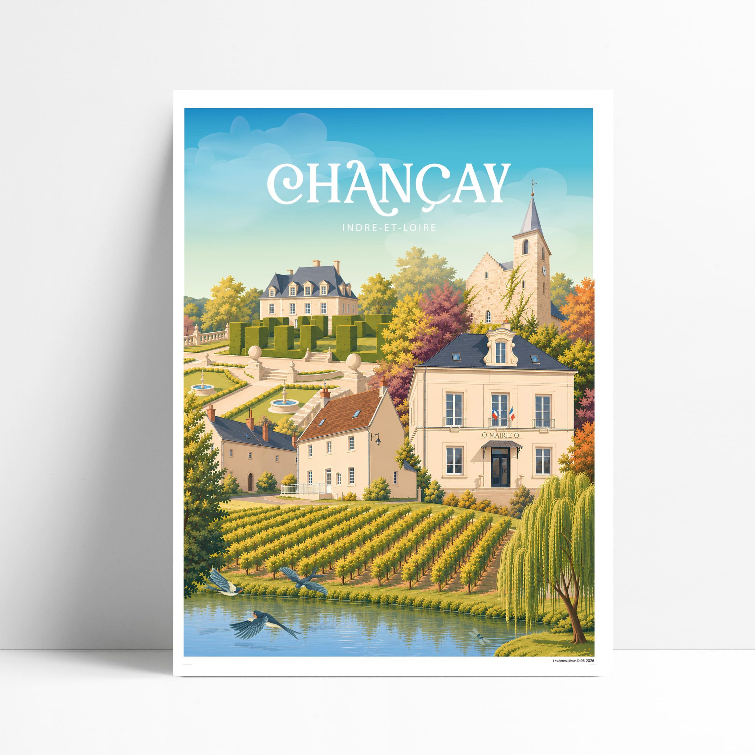 Affiche illustrée de Chançay, château de Valmer et vignoble de Vouvray en Touraine