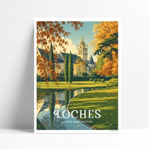 Affiche de la Tour Saint-Antoine à Loches, jardins et reflets d'eau