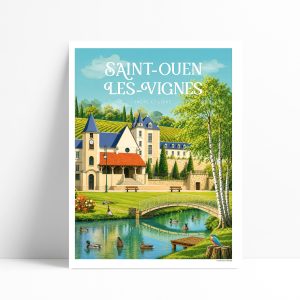 Affiche illustrée de Saint-Ouen-les-Vignes, église romane et rivière en Touraine