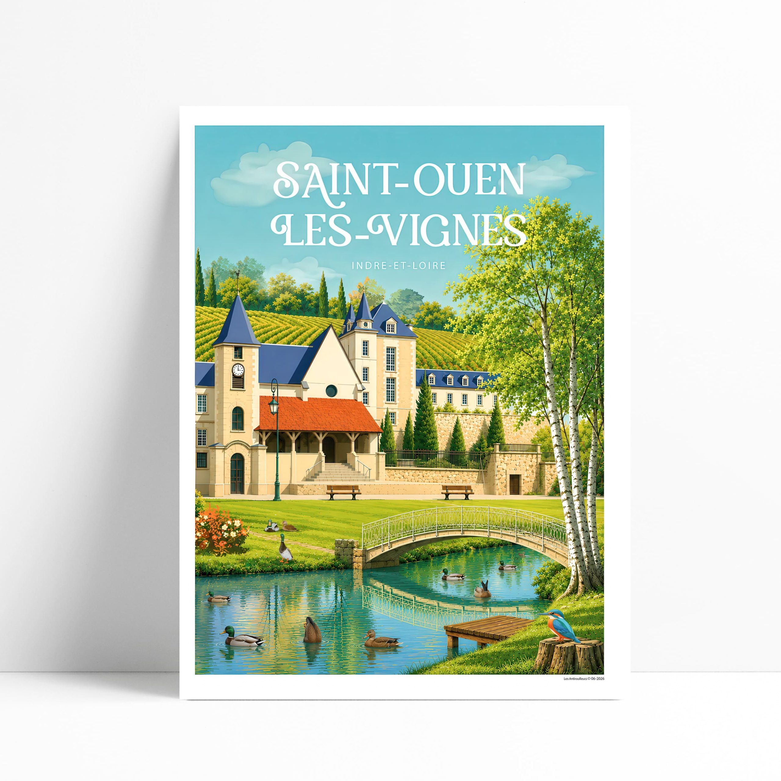 Affiche illustrée de Saint-Ouen-les-Vignes, église romane et rivière en Touraine